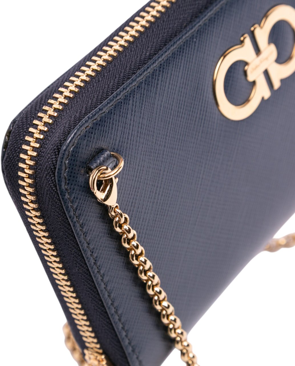 Ferragamo Leather Double Gancini Wallet on Chain Blauw