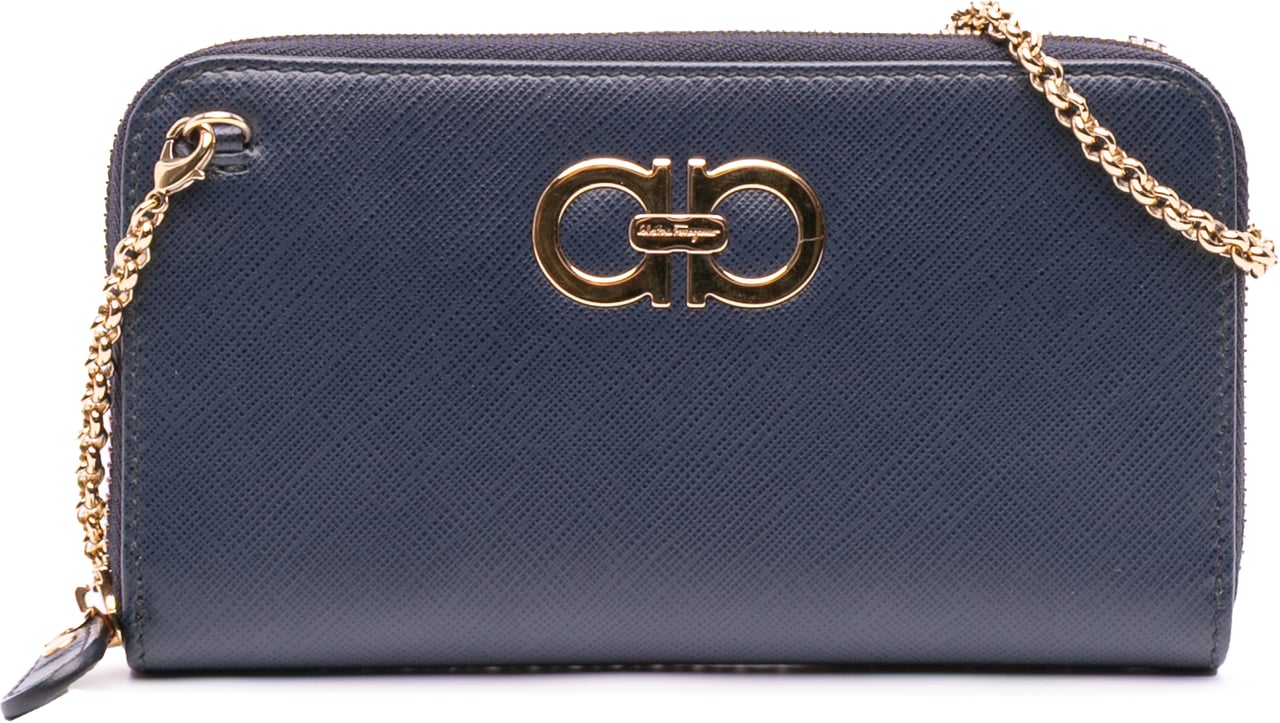 Ferragamo Leather Double Gancini Wallet on Chain Blauw