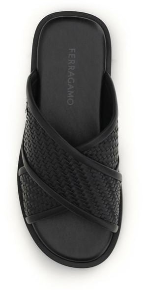 Ferragamo Black Calf Leather Bos Taurus Flat Sandals Zwart
