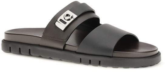 Ferragamo Black Calf Leather Bos Taurus Flat Sandals Zwart