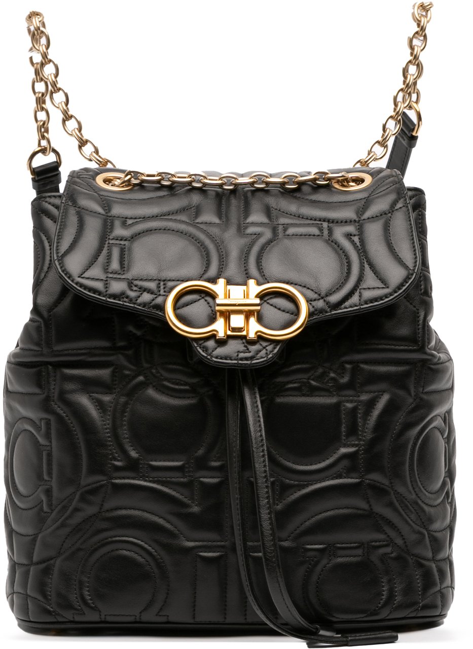 Ferragamo Small Quilted Leather Double Gancini Backpack Zwart