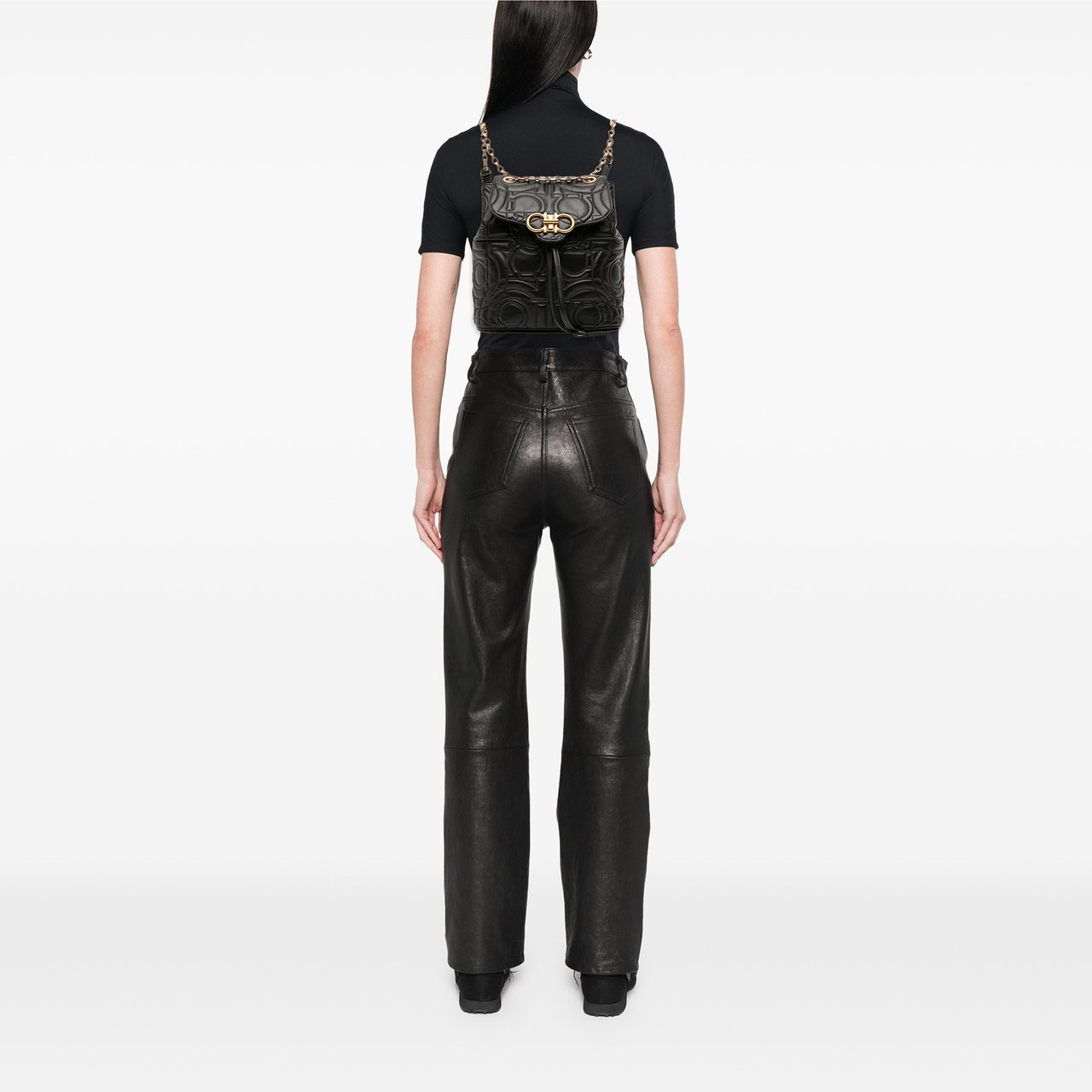 Ferragamo Small Quilted Leather Double Gancini Backpack Zwart