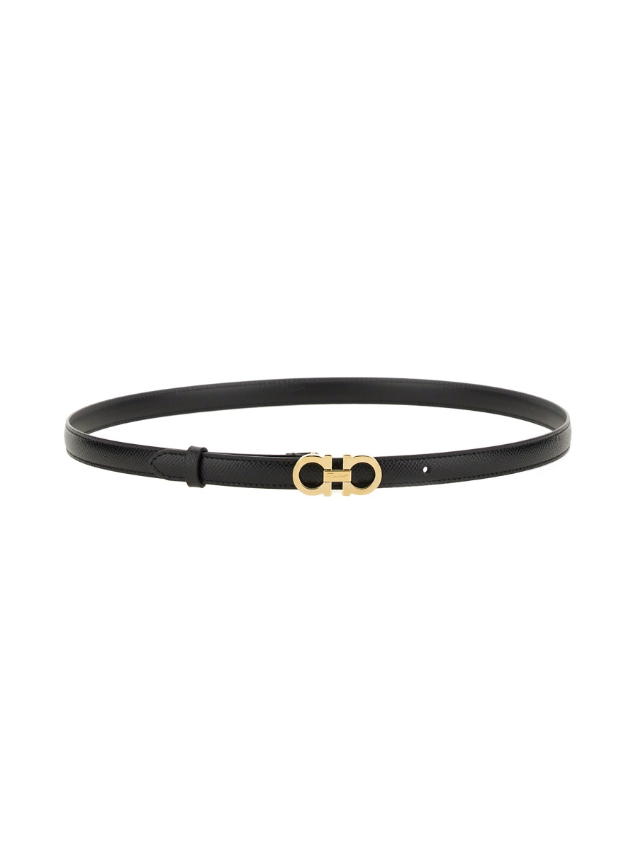 Ferragamo Slim Fit Gancini Gold Buckle Belt Zwart