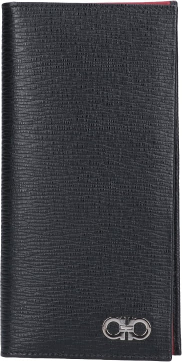 Ferragamo Black Organizer Gancini Pebbled Leather Wallet Zwart