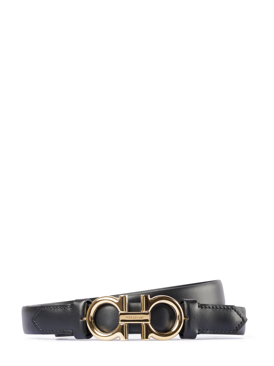 Ferragamo Narrow Leather Belt with Double Gancini Buckle Grijs