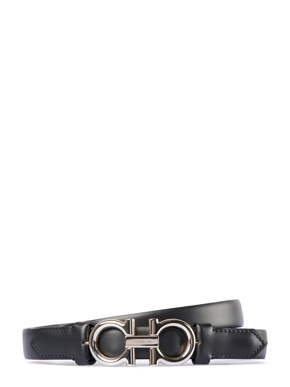 Ferragamo Narrow Leather Belt with Double Gancini Buckle Grijs