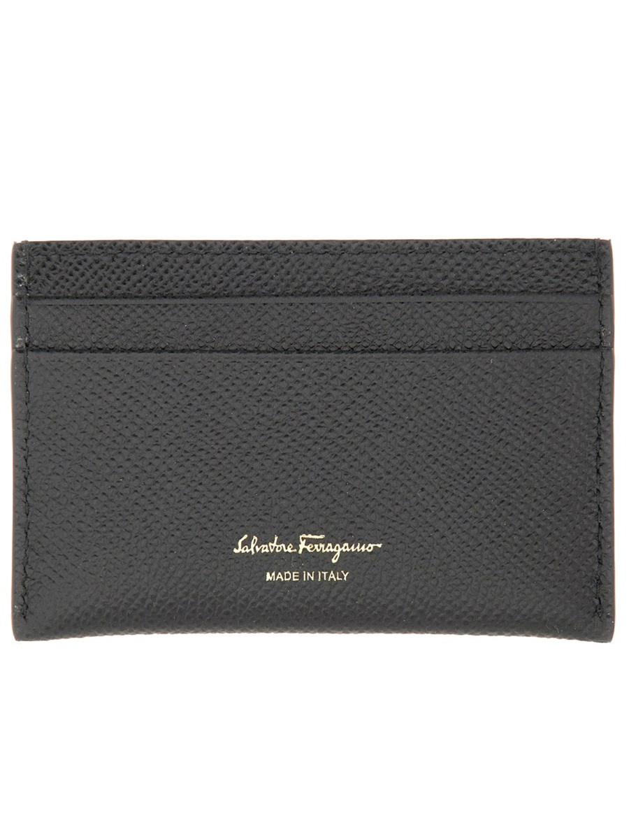 Ferragamo Gancini Calfskin Textured Card Holder Grijs