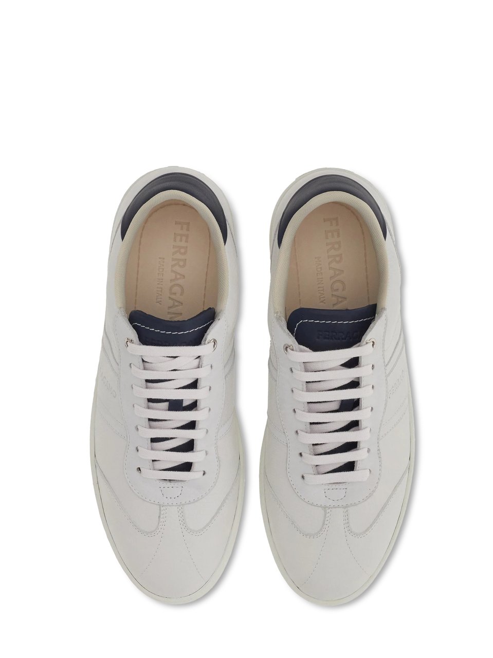 Ferragamo White Sneakers with Contrasting Navy Accents and Tonal Branding Wit