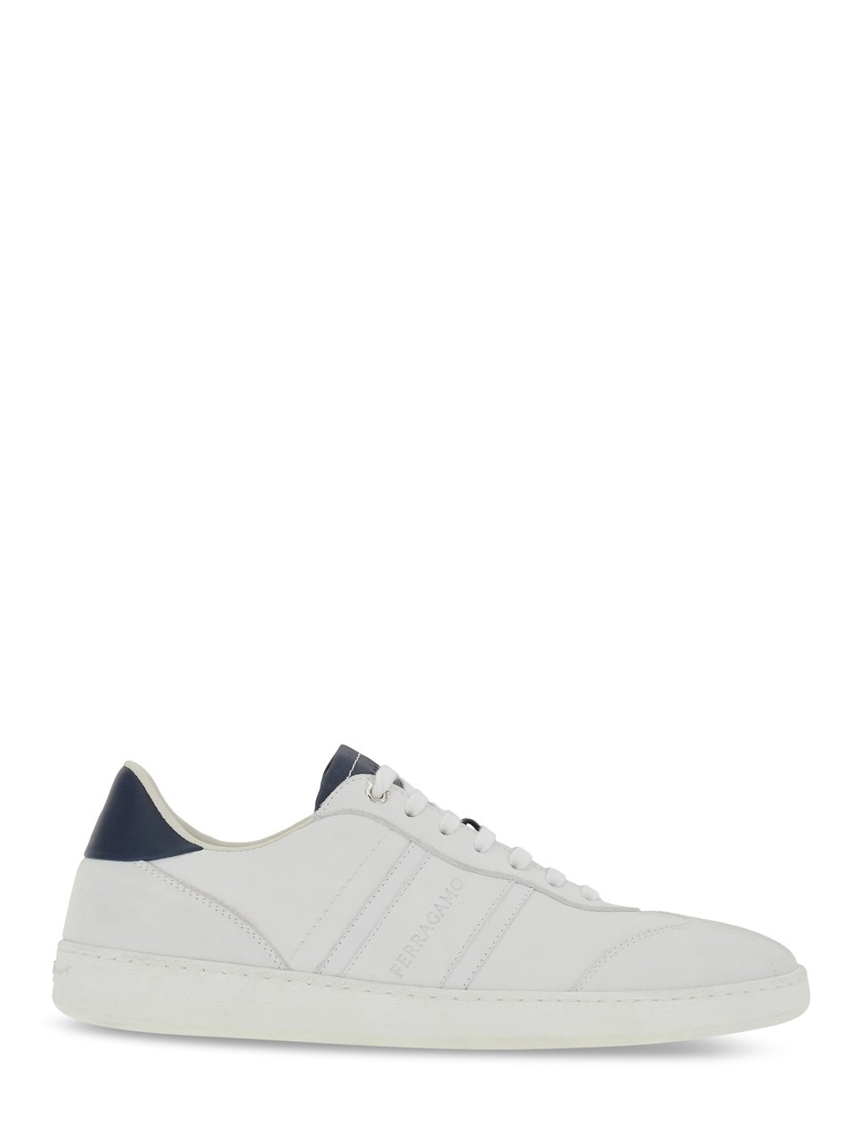 Ferragamo White Sneakers with Contrasting Navy Accents and Tonal Branding Wit