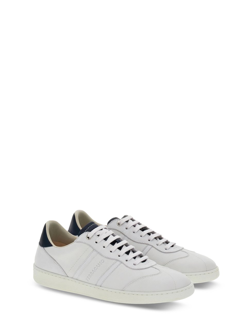 Ferragamo White Sneakers with Contrasting Navy Accents and Tonal Branding Wit