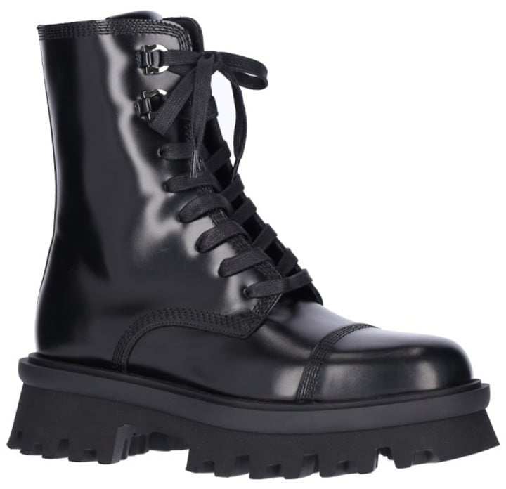 Ferragamo Glossy Black Leather Combat Boots Zwart