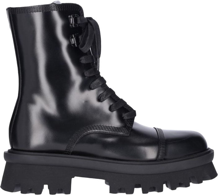 Ferragamo Glossy Black Leather Combat Boots Zwart