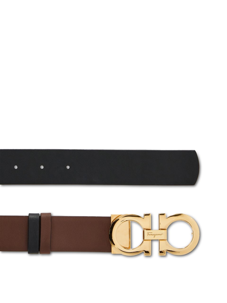 Ferragamo Leather Belt with Gold-Tone Double Gancini Buckle Zwart