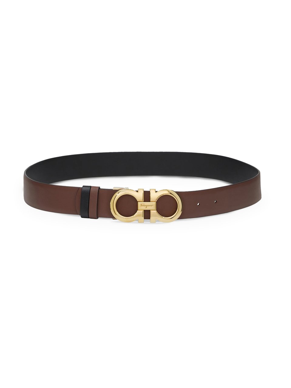 Ferragamo Leather Belt with Gold-Tone Double Gancini Buckle Zwart