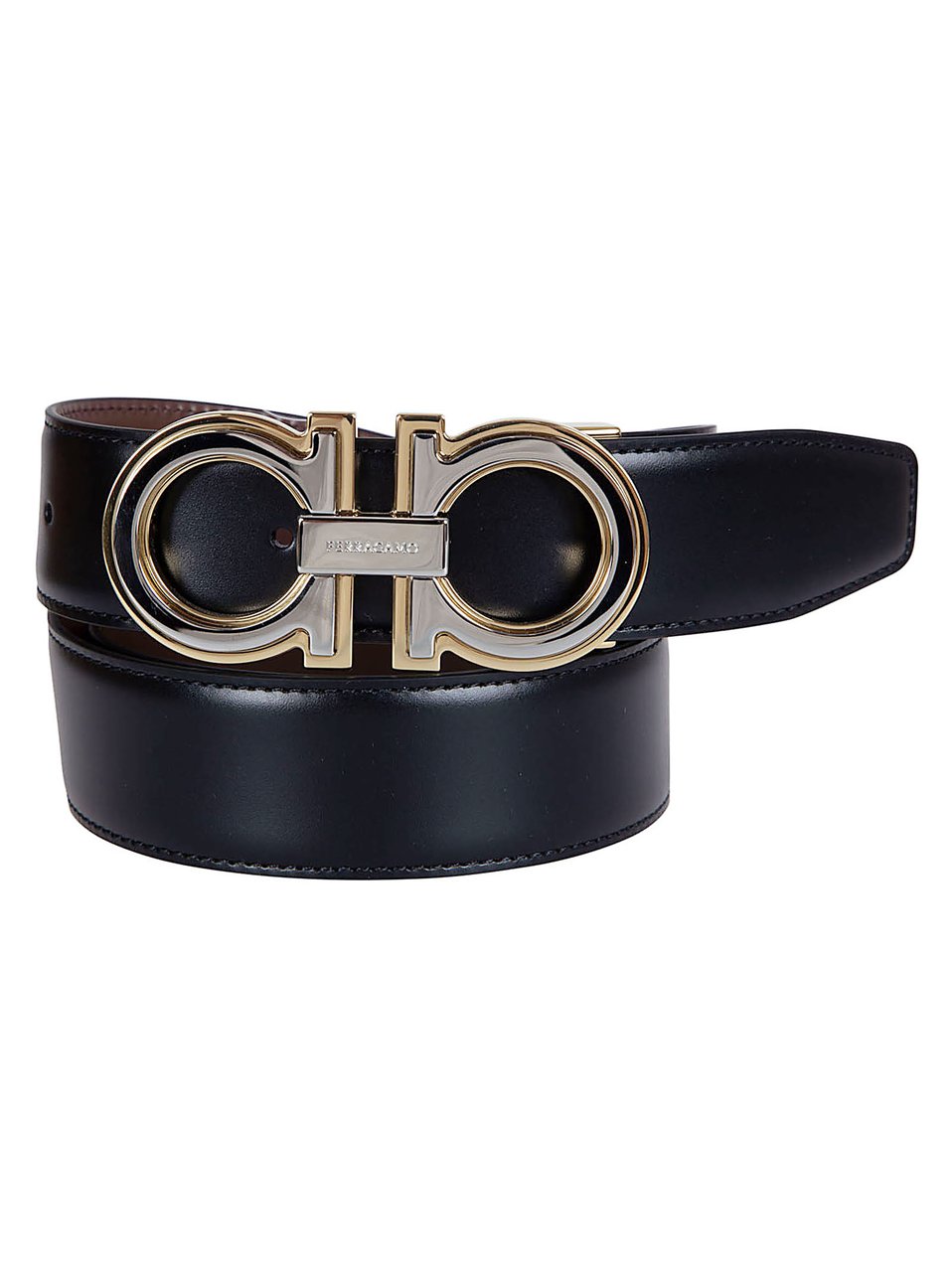 Ferragamo Leather Belt with Polished Gold Gancini Buckle Zwart
