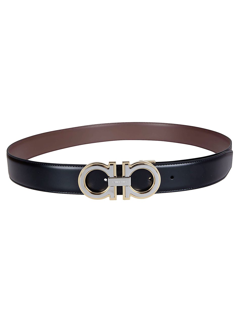 Ferragamo Leather Belt with Polished Gold Gancini Buckle Zwart