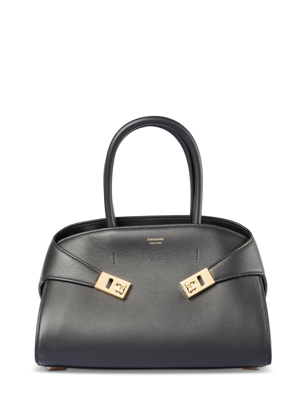 Ferragamo Structured Leather Handbag with Gold-tone Hardware Grijs
