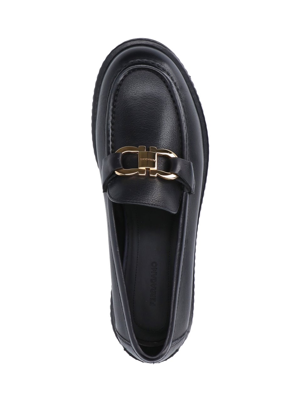 Ferragamo Black Leather Moccasins with Gold-tone Logo Buckle Zwart