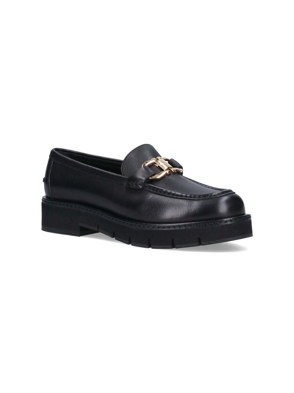 Ferragamo Black Leather Moccasins with Gold-tone Logo Buckle Zwart