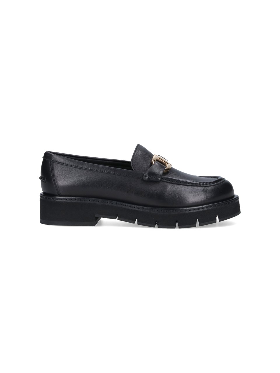 Ferragamo Black Leather Moccasins with Gold-tone Logo Buckle Zwart