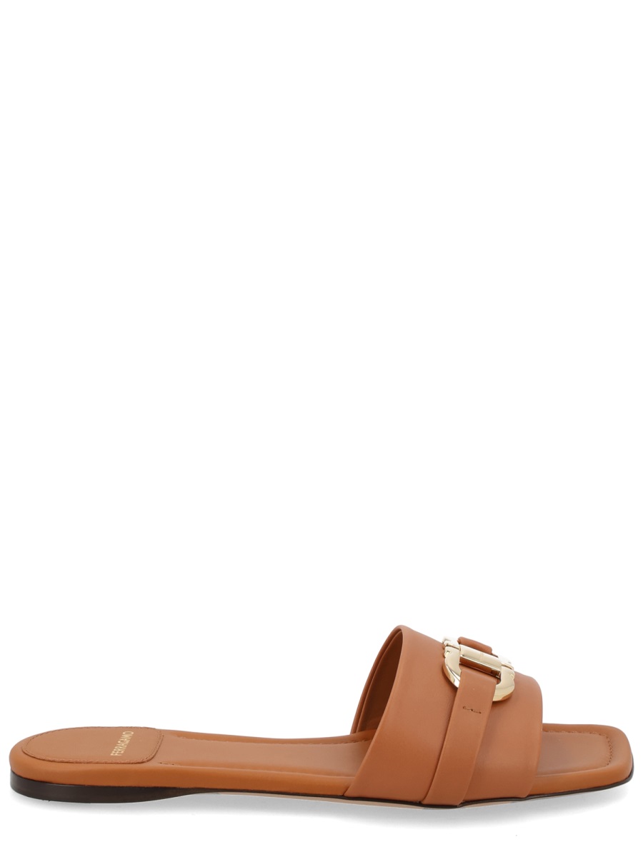 Ferragamo Gancini Calf Leather Minimalist Mules Bruin