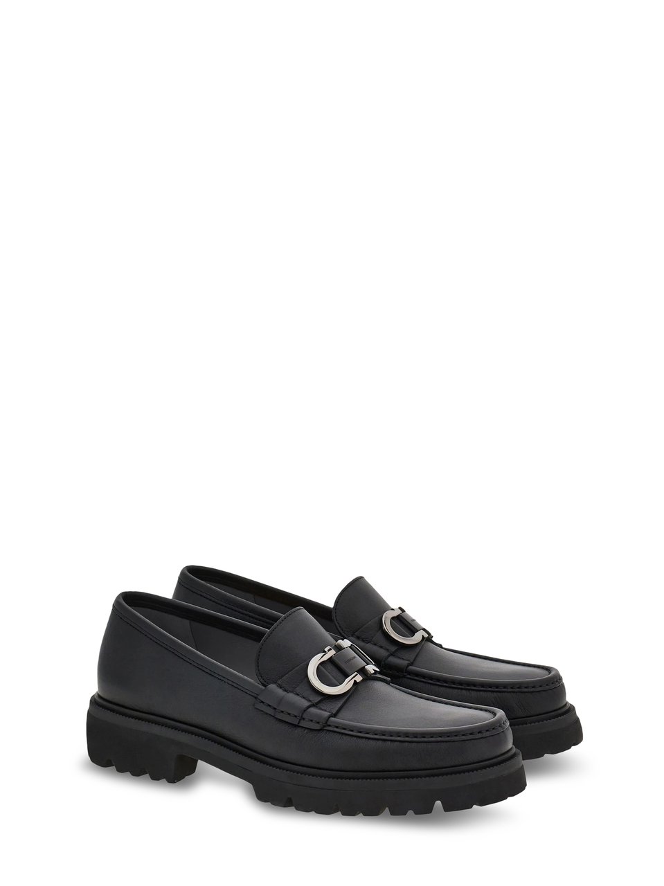 Ferragamo Chunky Rubber Sole Loafers with Silver-tone Buckle Detail Zwart