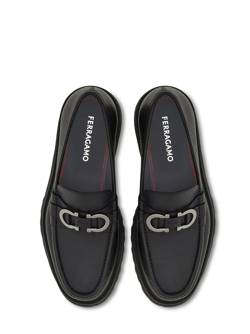 Ferragamo Chunky Rubber Sole Loafers with Silver-tone Buckle Detail Zwart