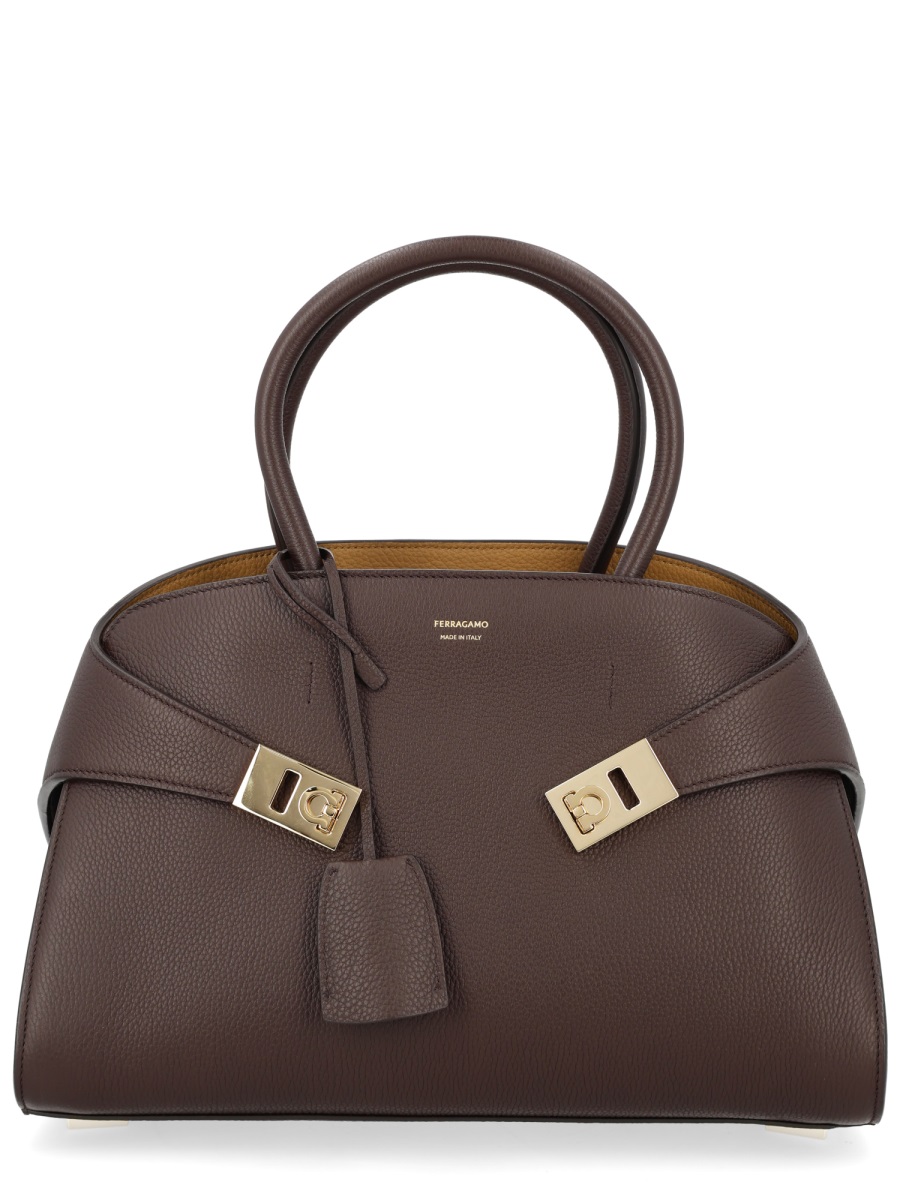 Ferragamo Hug Pebbled Structured Trapezoidal Handbag Grijs