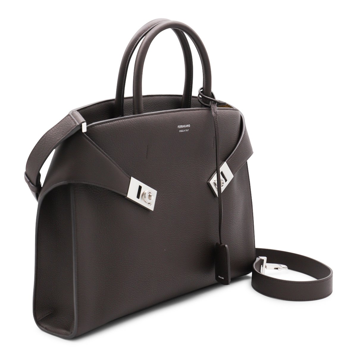 Ferragamo Structured Dark Brown Leather Top Handle Bag with Adjustable Strap Grijs