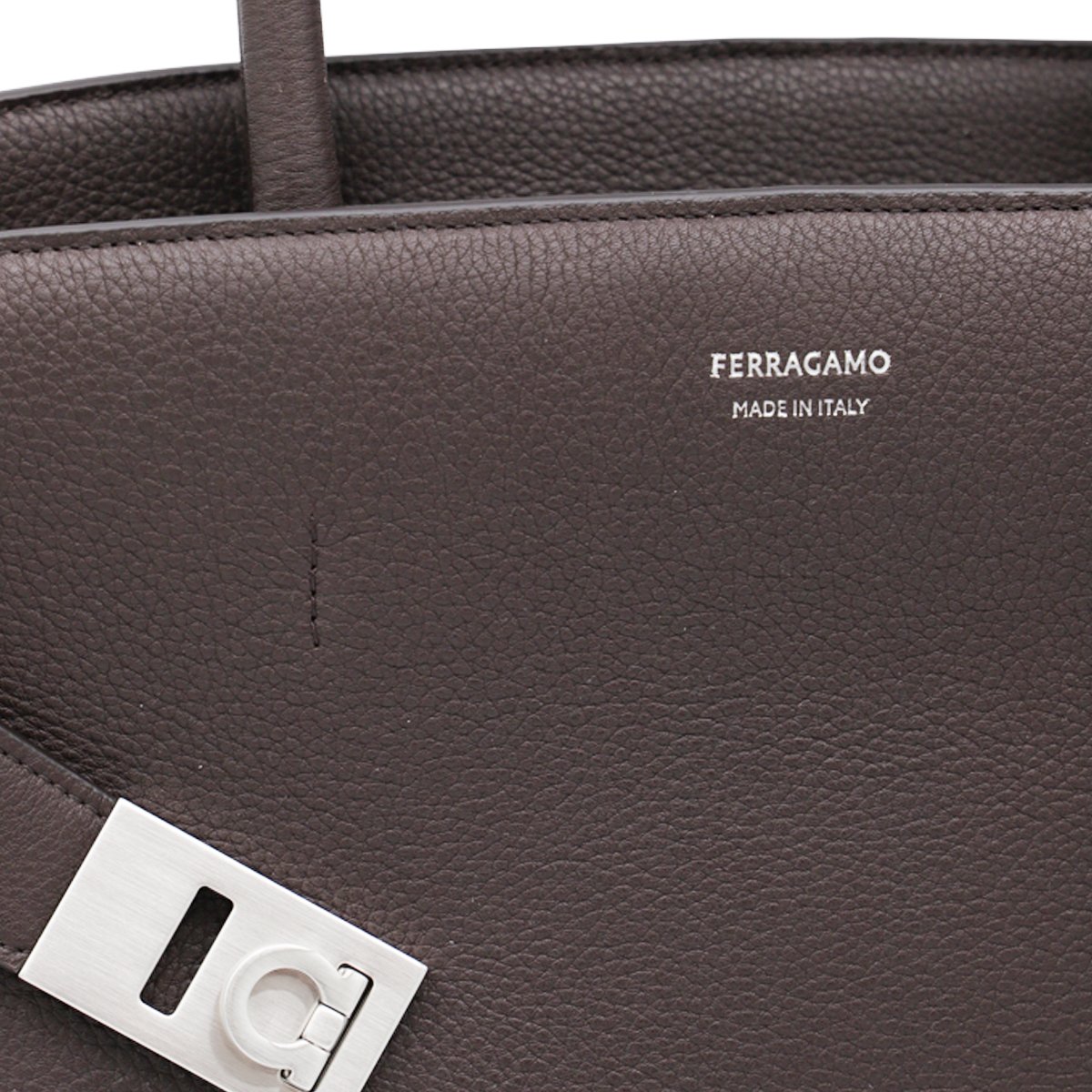 Ferragamo Structured Dark Brown Leather Top Handle Bag with Adjustable Strap Grijs