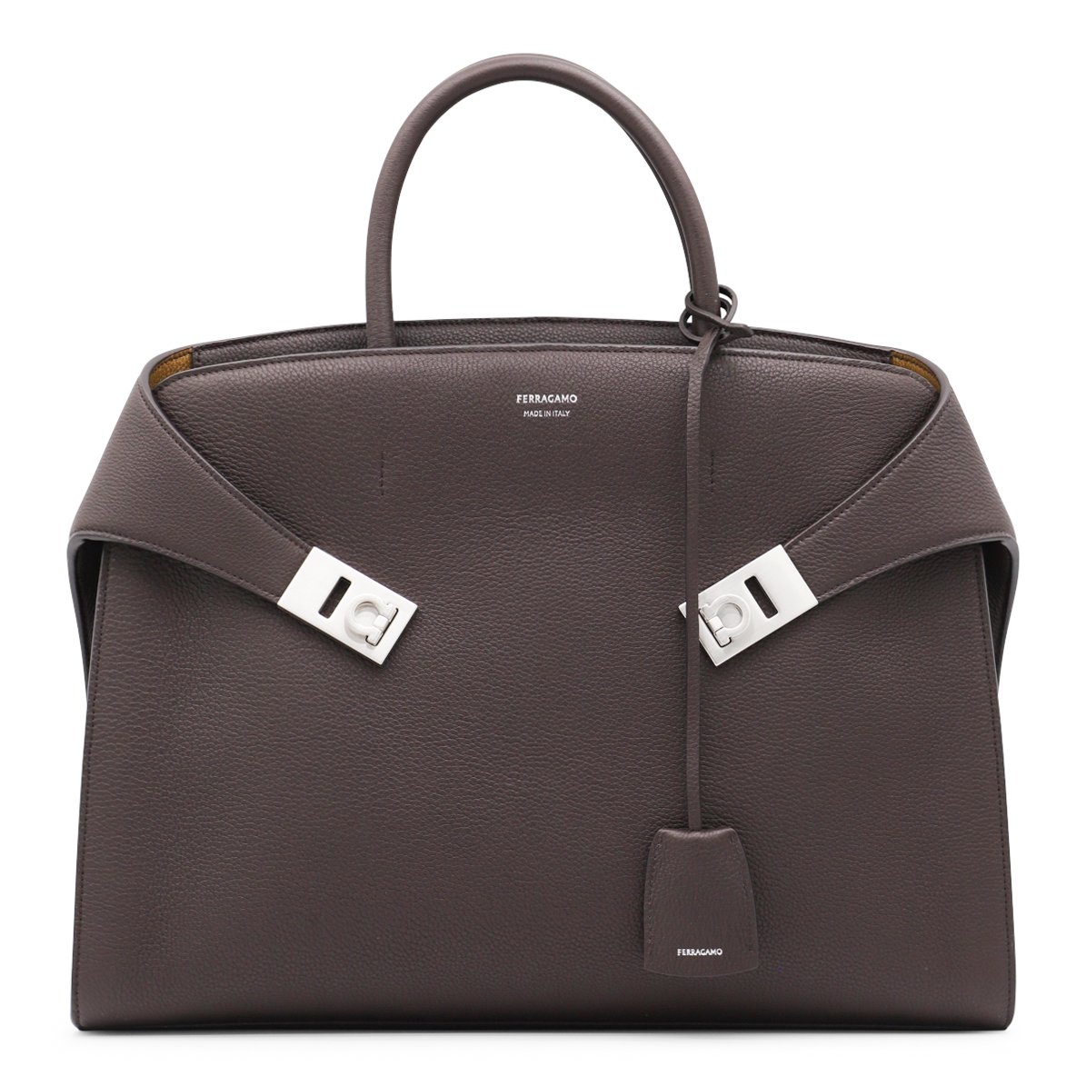 Ferragamo Structured Dark Brown Leather Top Handle Bag with Adjustable Strap Grijs