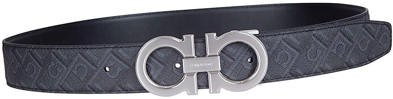 Ferragamo Reversible Black Calf Leather and Coated Fabric Belt Grijs