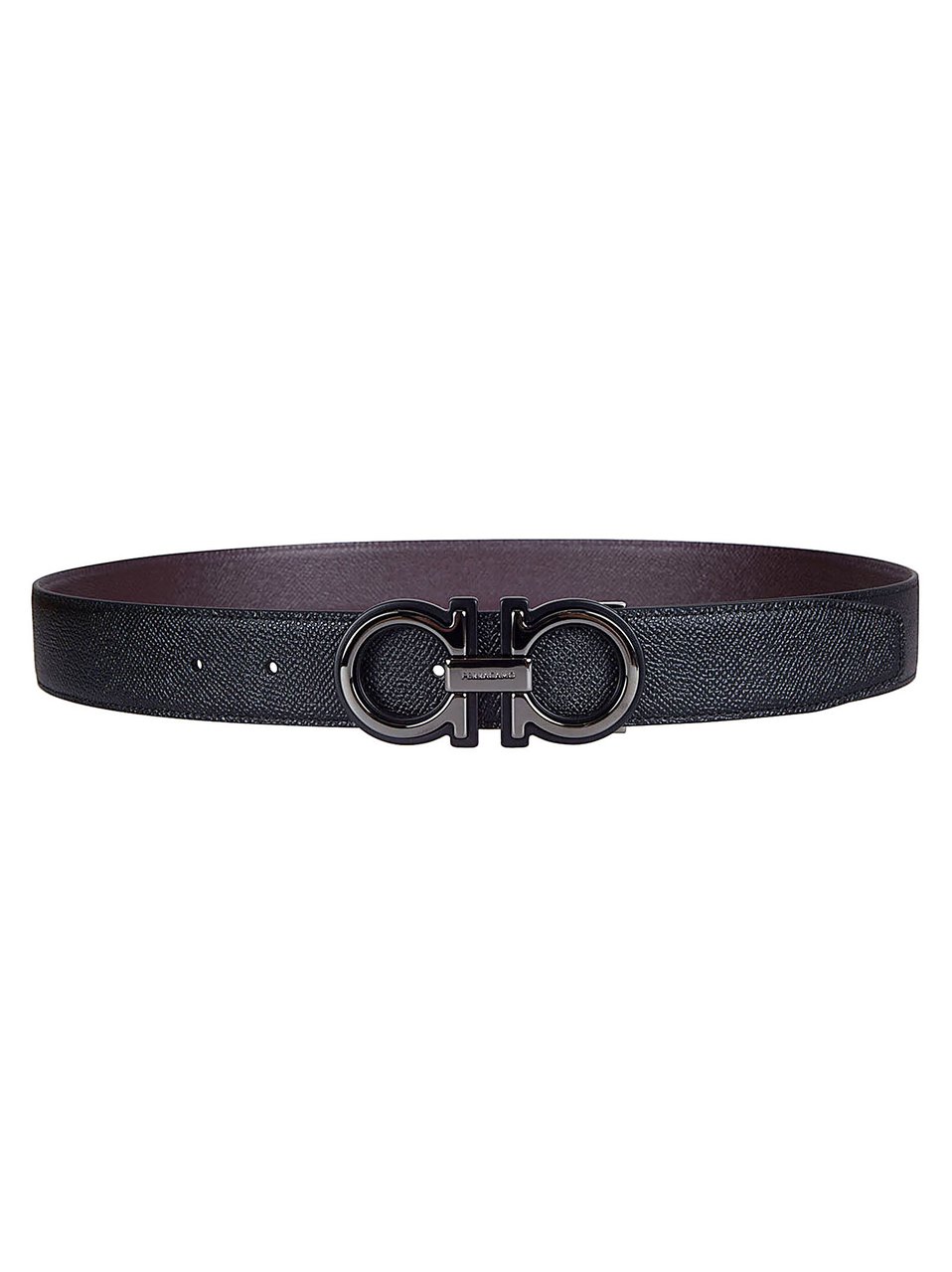 Ferragamo Textured Leather Belt with Double-Ring Buckle and Engraved Detailing Zwart