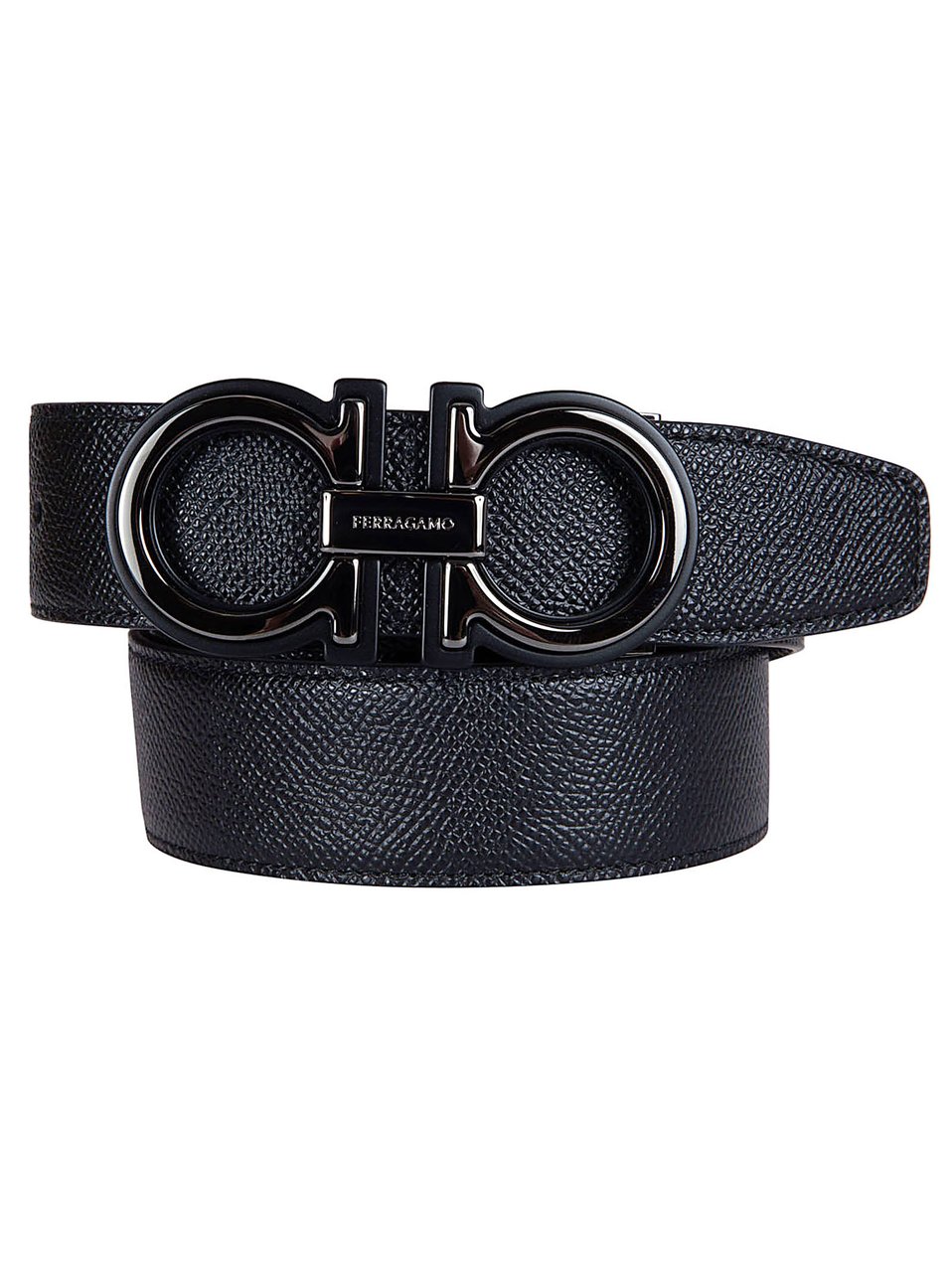 Ferragamo Textured Leather Belt with Double-Ring Buckle and Engraved Detailing Zwart