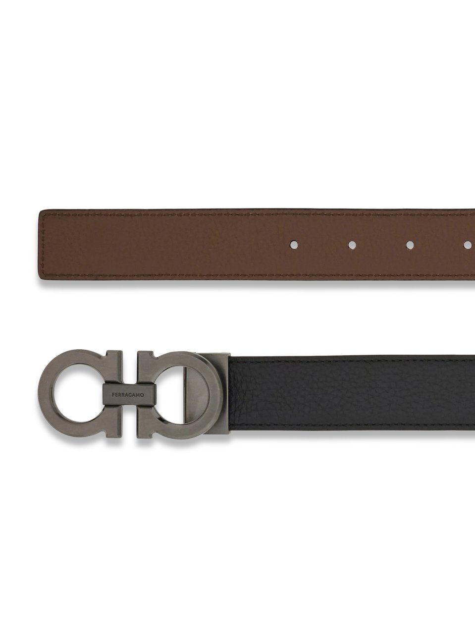 Ferragamo Double Adjustable Calf Leather Belt with Metallic Buckle Grijs