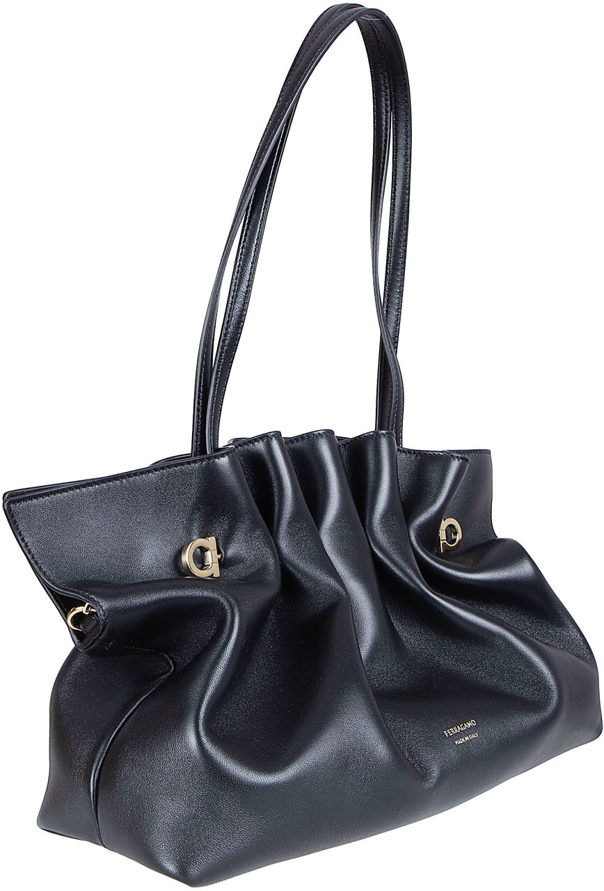 Ferragamo Soft Black Nappa Leather Bag with Iconic Gancio Clasps Zwart