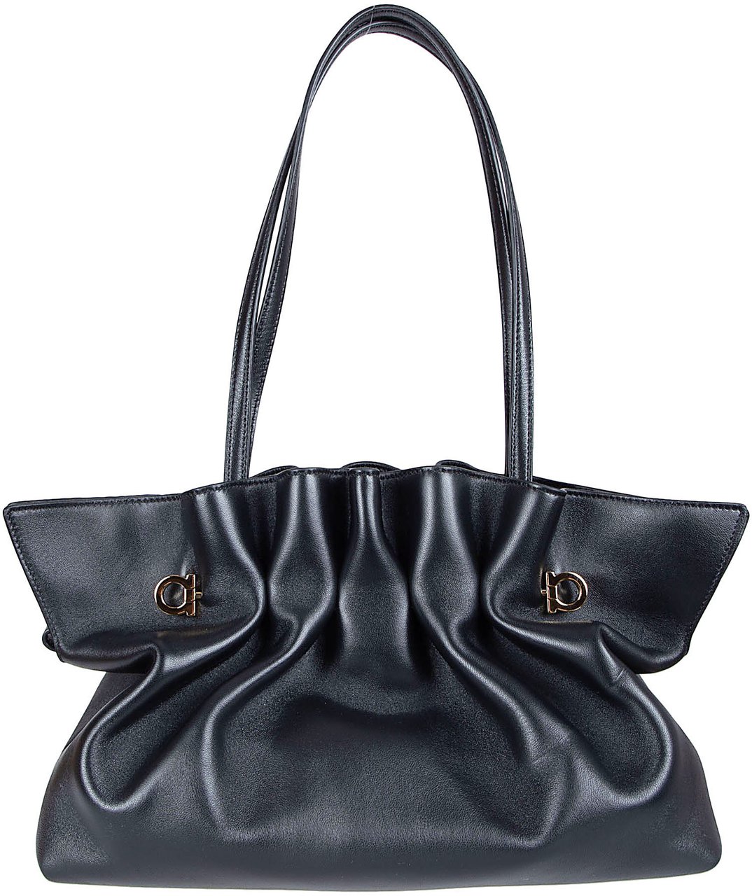 Ferragamo Soft Black Nappa Leather Bag with Iconic Gancio Clasps Zwart