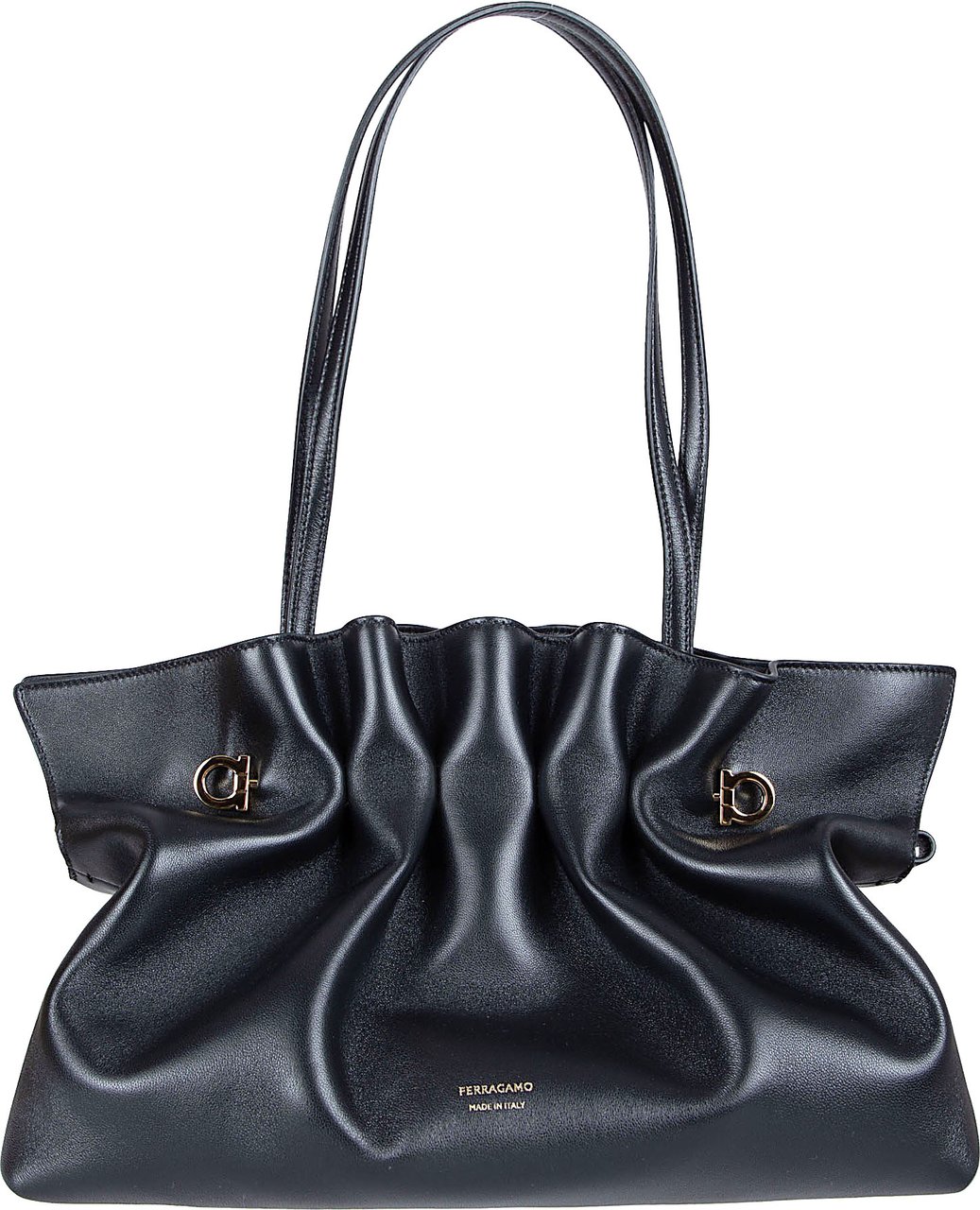 Ferragamo Soft Black Nappa Leather Bag with Iconic Gancio Clasps Zwart