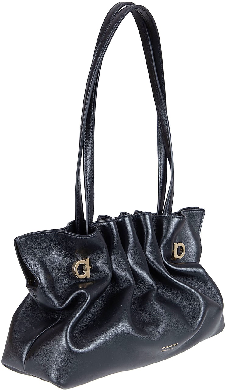 Ferragamo Gathered Black Nappa Leather Soft Bag with Gold Accents Grijs