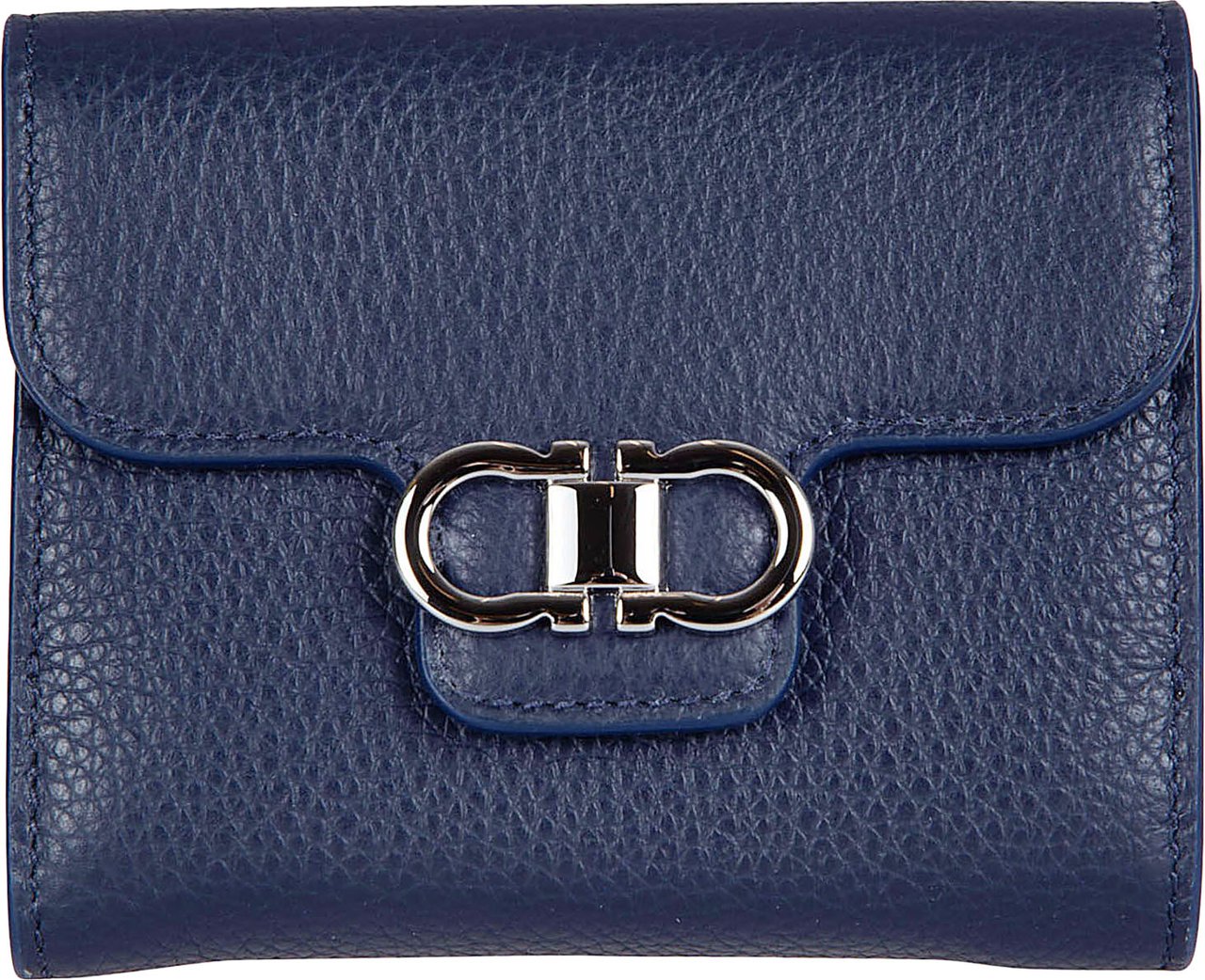 Ferragamo Versatile French Wallet in Pebbled Calf Leather Grijs