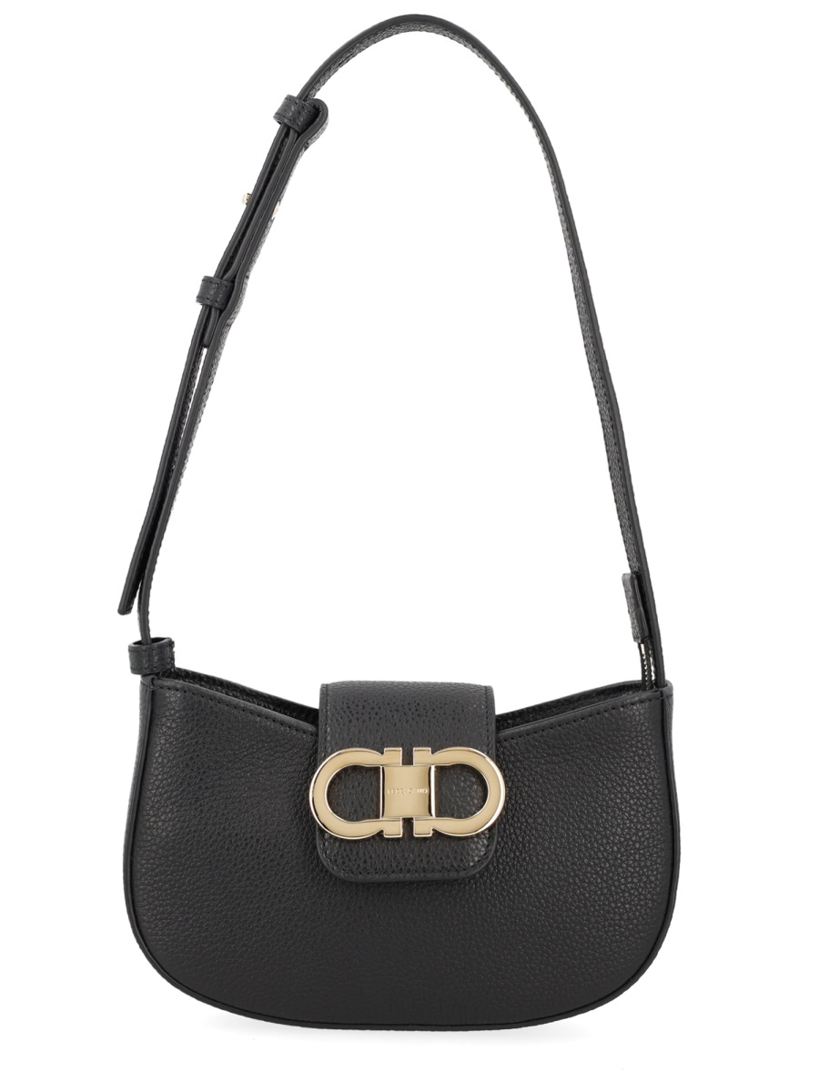 Ferragamo Black Gabry Calf Leather Shoulder Bag Zwart