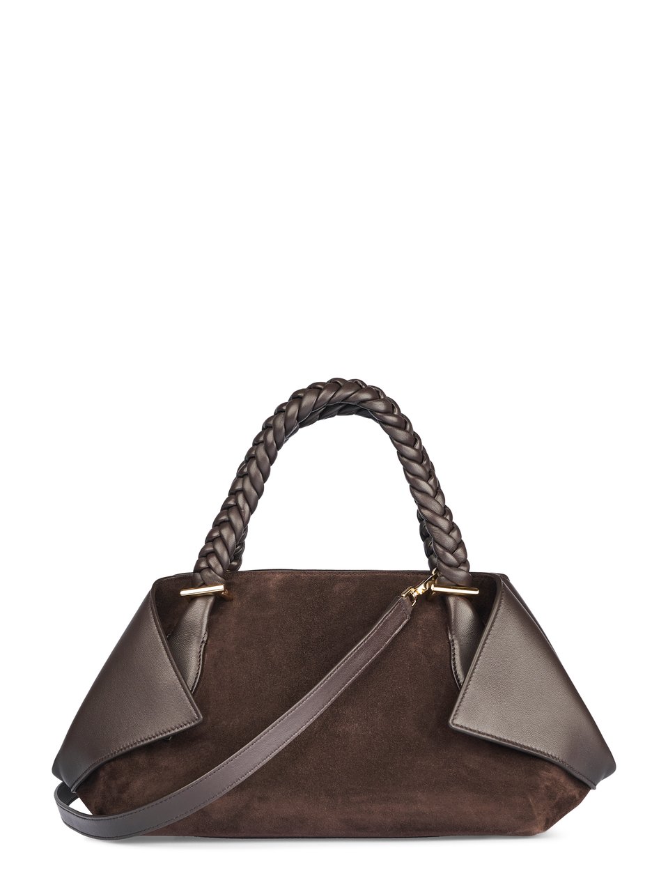 Ferragamo Brown Suede Handbag with Braided Leather Handles Zwart