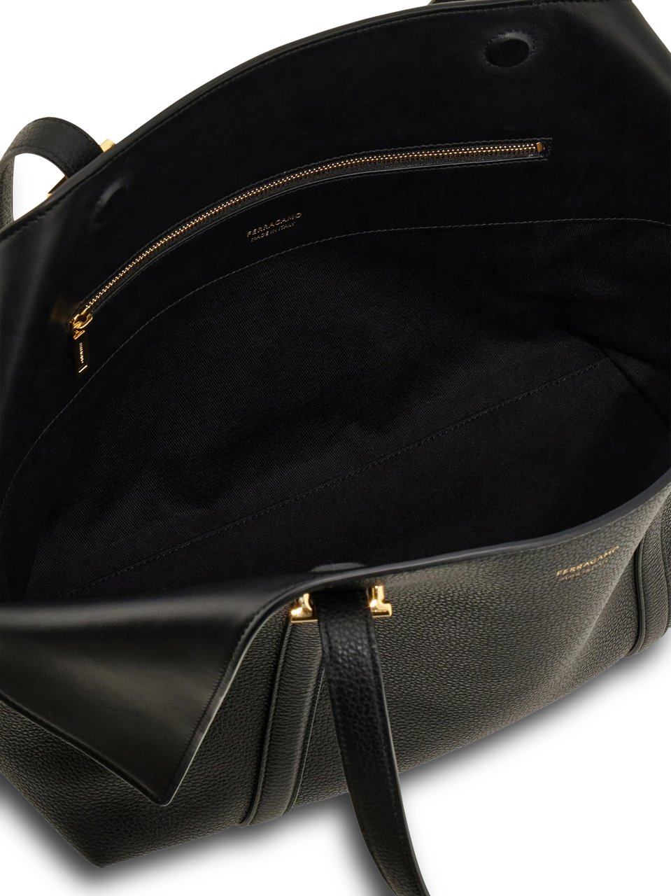 Ferragamo Structured Black Leather Tote Bag with Gold Accents Zwart