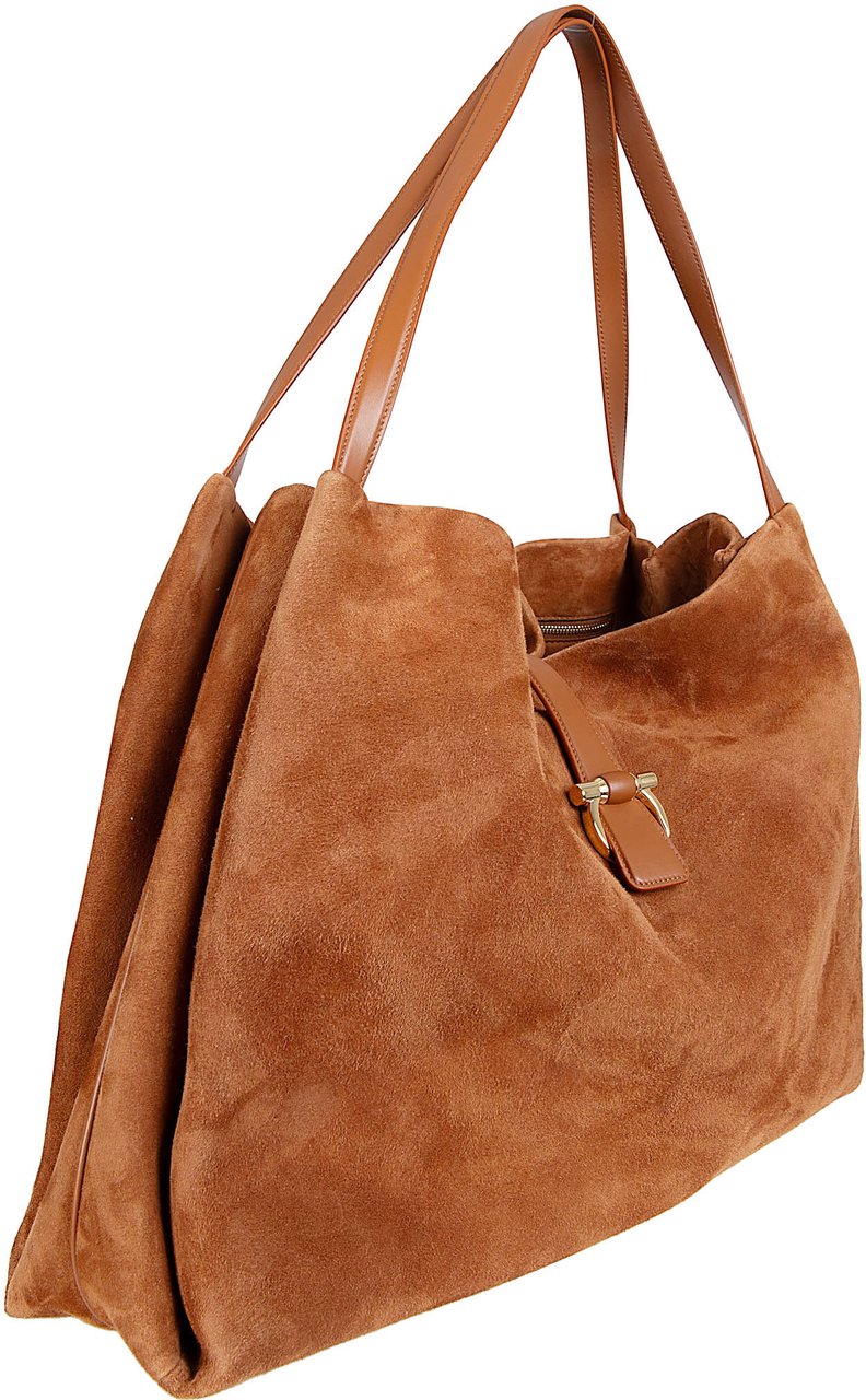 Ferragamo Medium Suede Leather Tote Bag with Gold-tone Hardware Bruin