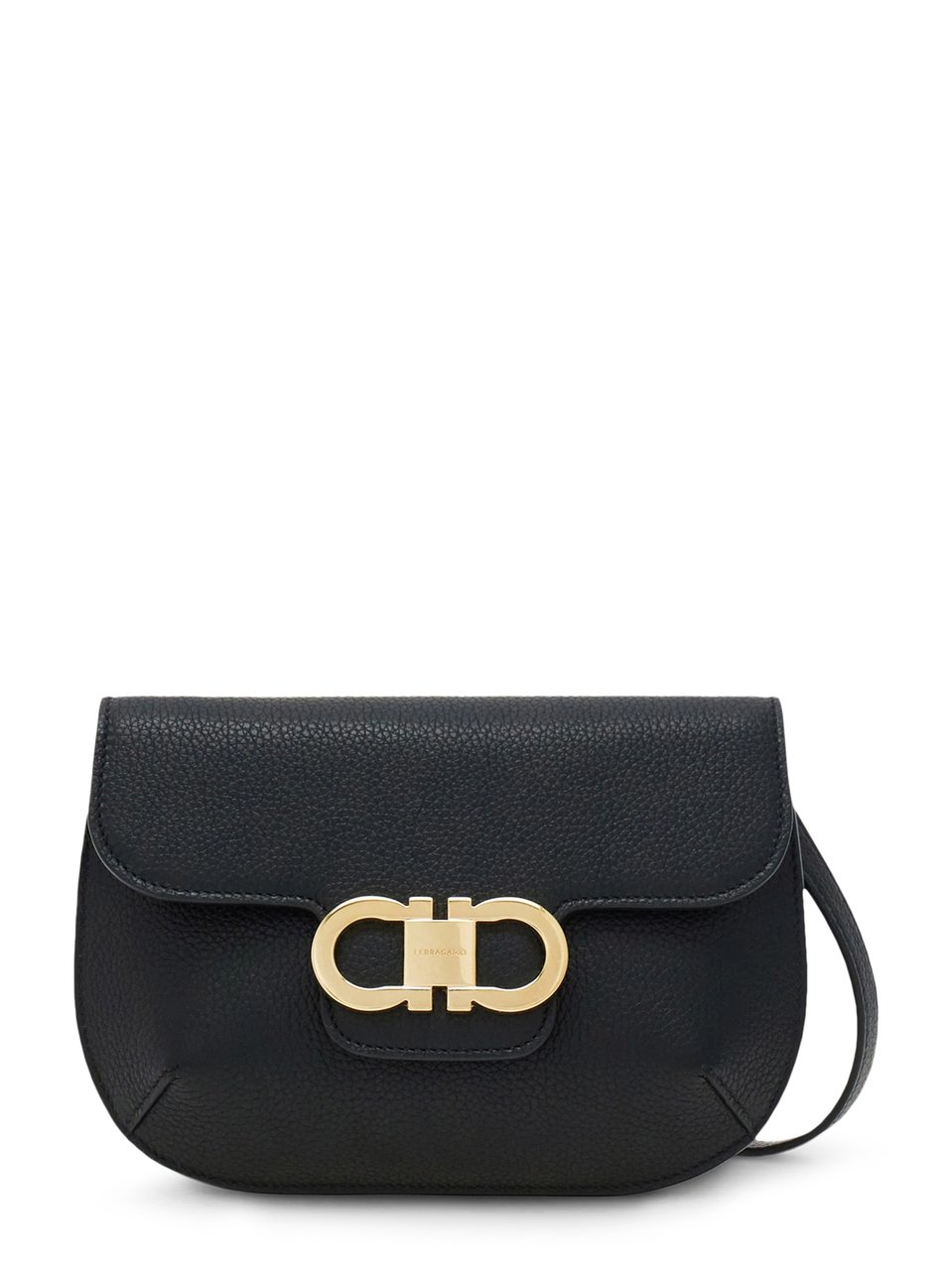 Ferragamo Structured Pebbled Leather Shoulder Bag with Gold-Tone Clasp Zwart