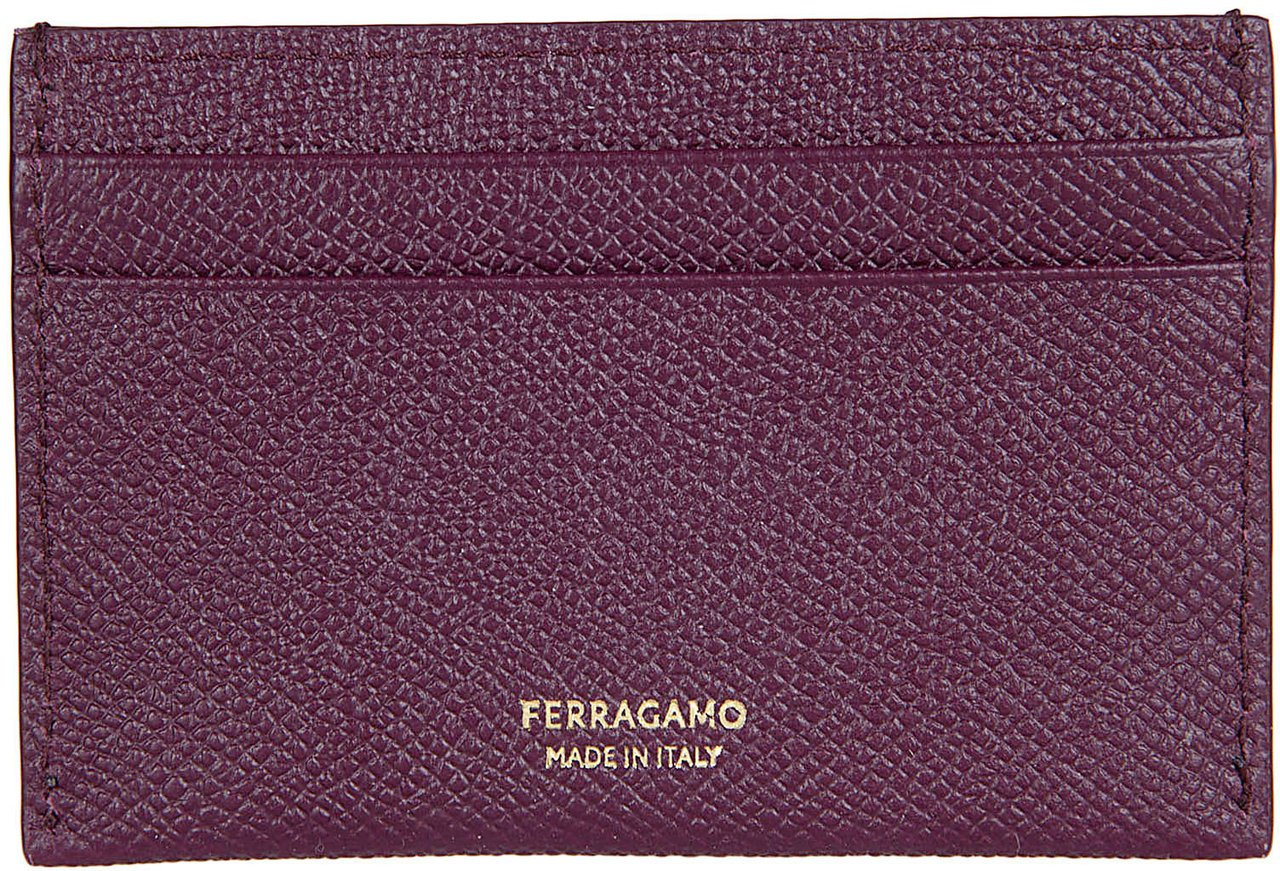 Ferragamo Textured Calf Leather Cardholder with Gold-Toned Gancini Emblem Grijs