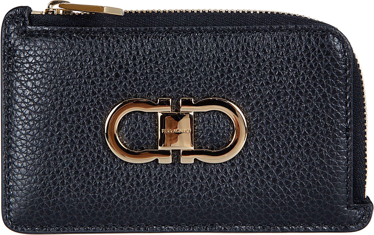 Ferragamo Compact Textured Calf Leather Wallet with Gold Clasp Zwart