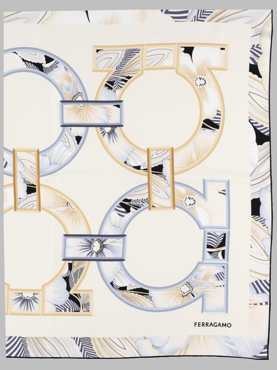 Ferragamo Square Silk Scarf with Floral and Geometric Design Wit