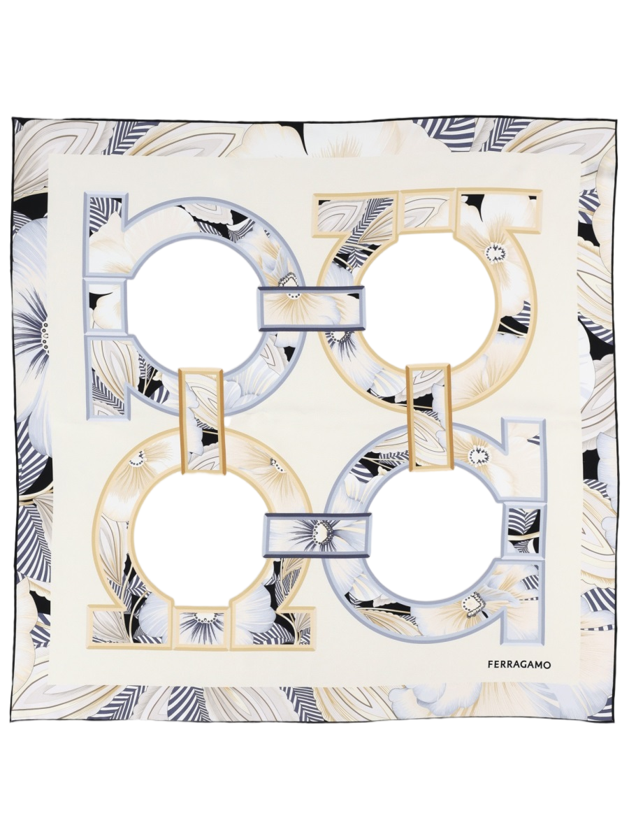 Ferragamo Square Silk Scarf with Floral and Geometric Design Wit