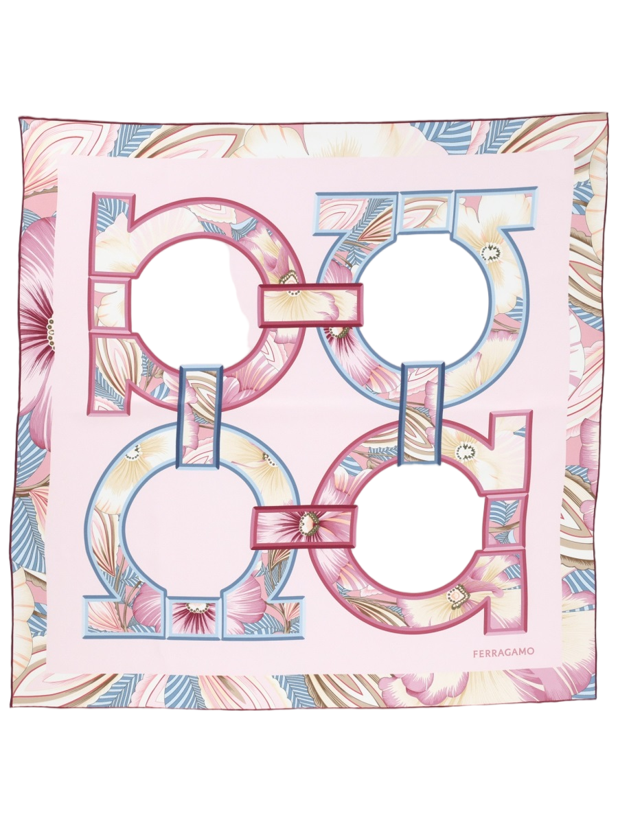 Ferragamo Square Pink Scarf With Geometric Floral Patterns Wit